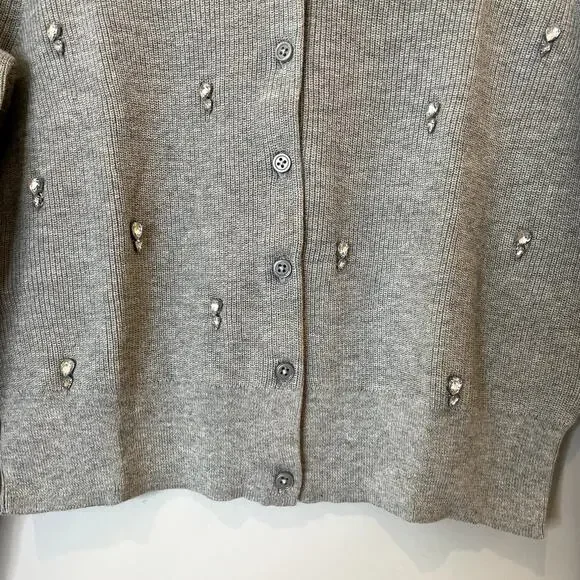 J.Crew Collection Embellished Cardigan Sweater Cotton Holiday CD379 Grey 12 13 - Picture 5 of 14